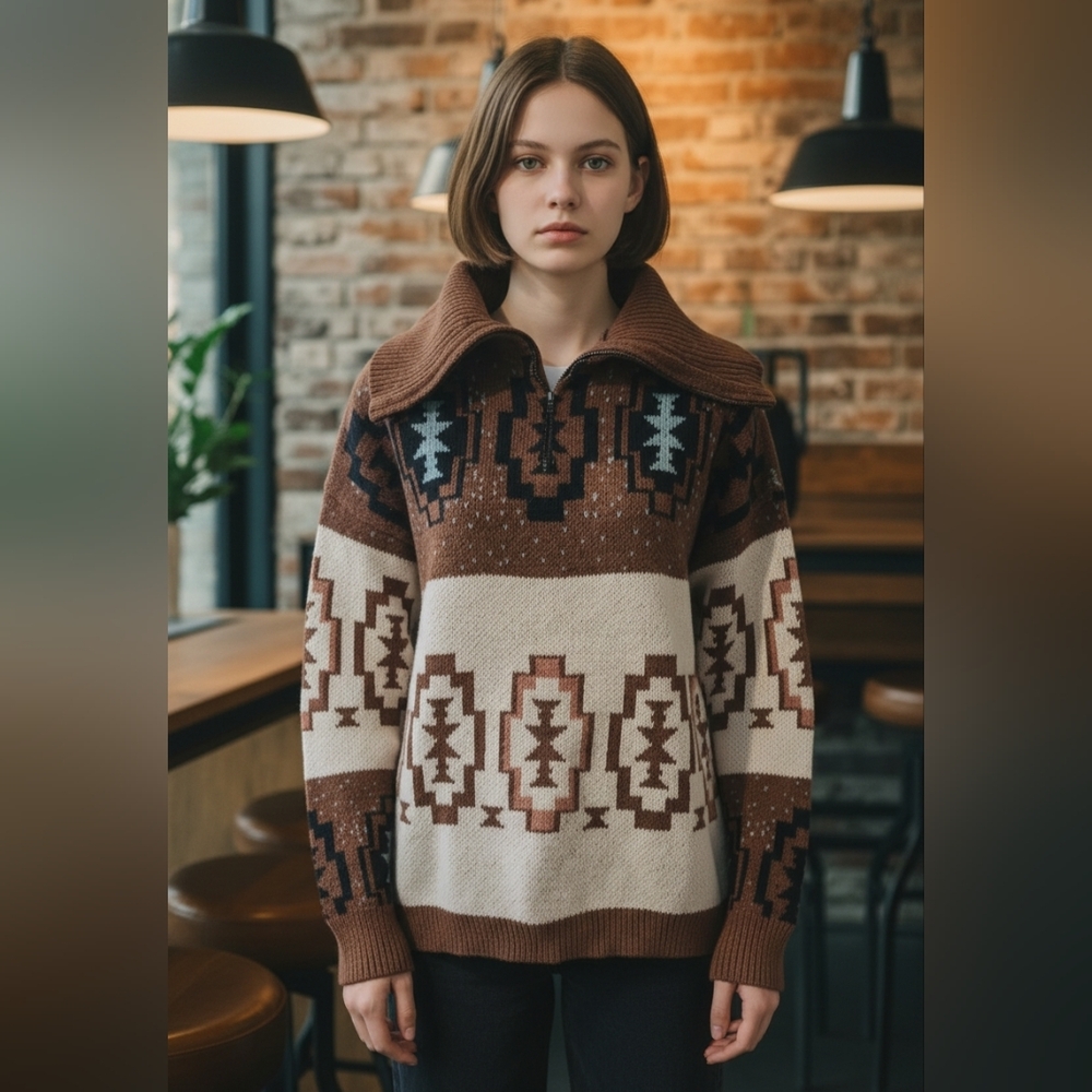 Woven Heart Southwestern Aztec Knit Sweater XL Brown Quarter Zip Boho Cozy